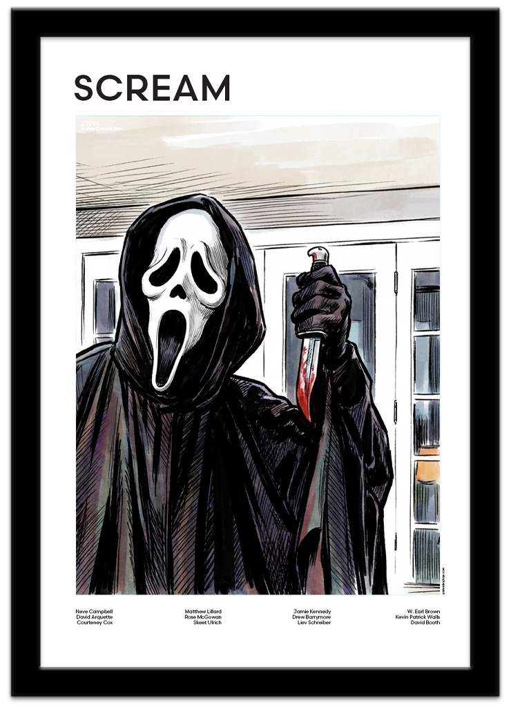 Poster Shop Boys Scream - Ghost Face illustrated mid-century movie poster displayed in black frame. Shop now
