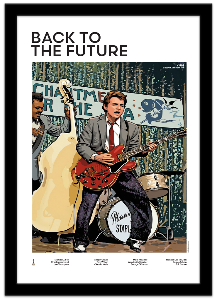 Poster Shop Boys Back To The Future Marty Mcfly illustrated mid-century movie poster displayed in black frame. Shop now