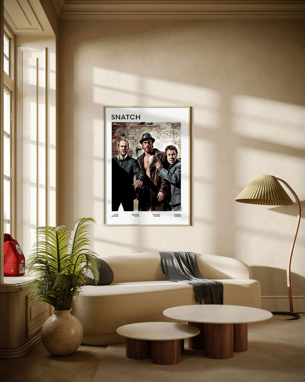 Snatch - Turkish - Mickey - Tommy illustrated mid-century movie poster displayed in modern living room with natural daylight