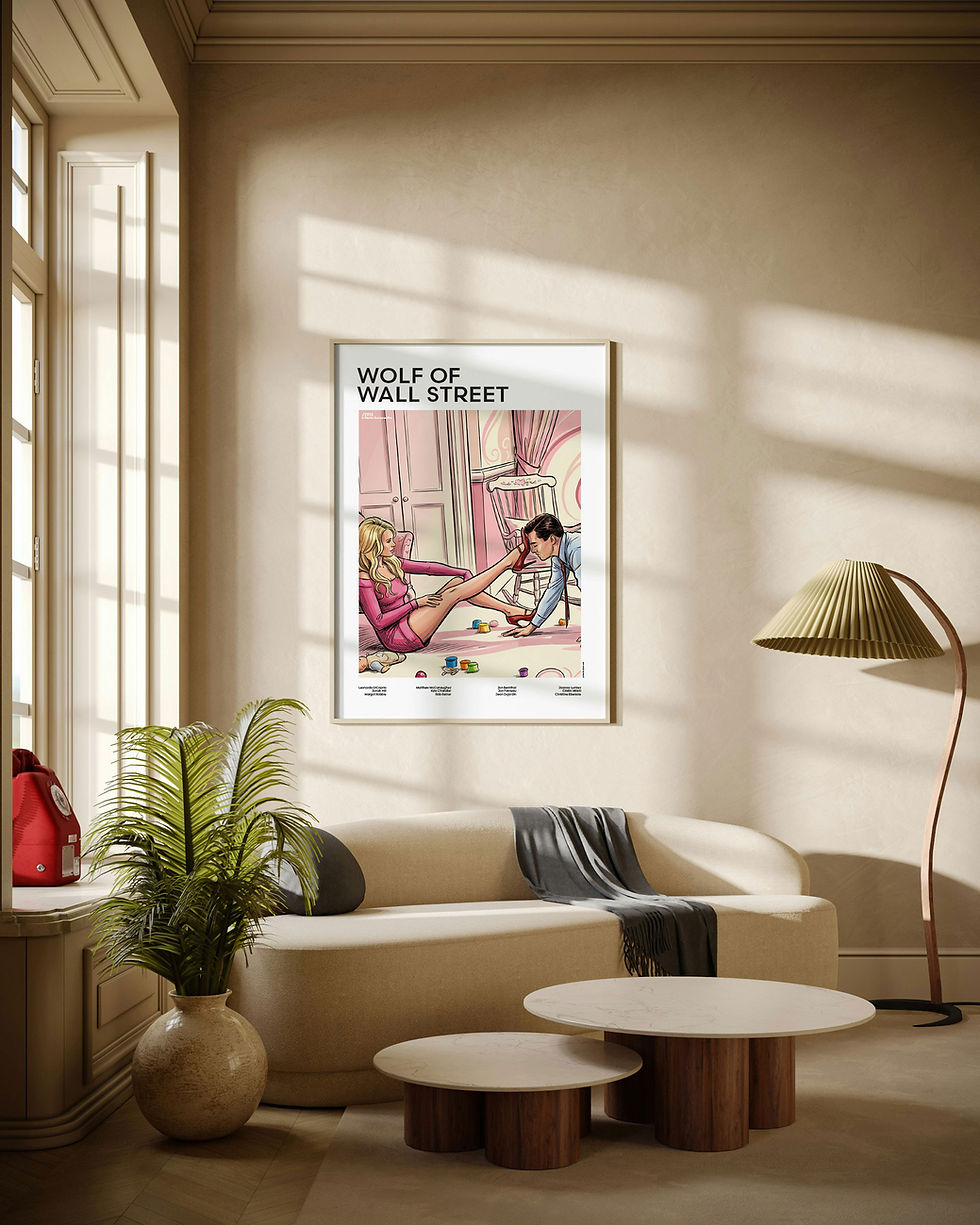 Wolf of Wall Street - Naomi illustrated mid-century movie poster displayed in modern living room with natural daylight