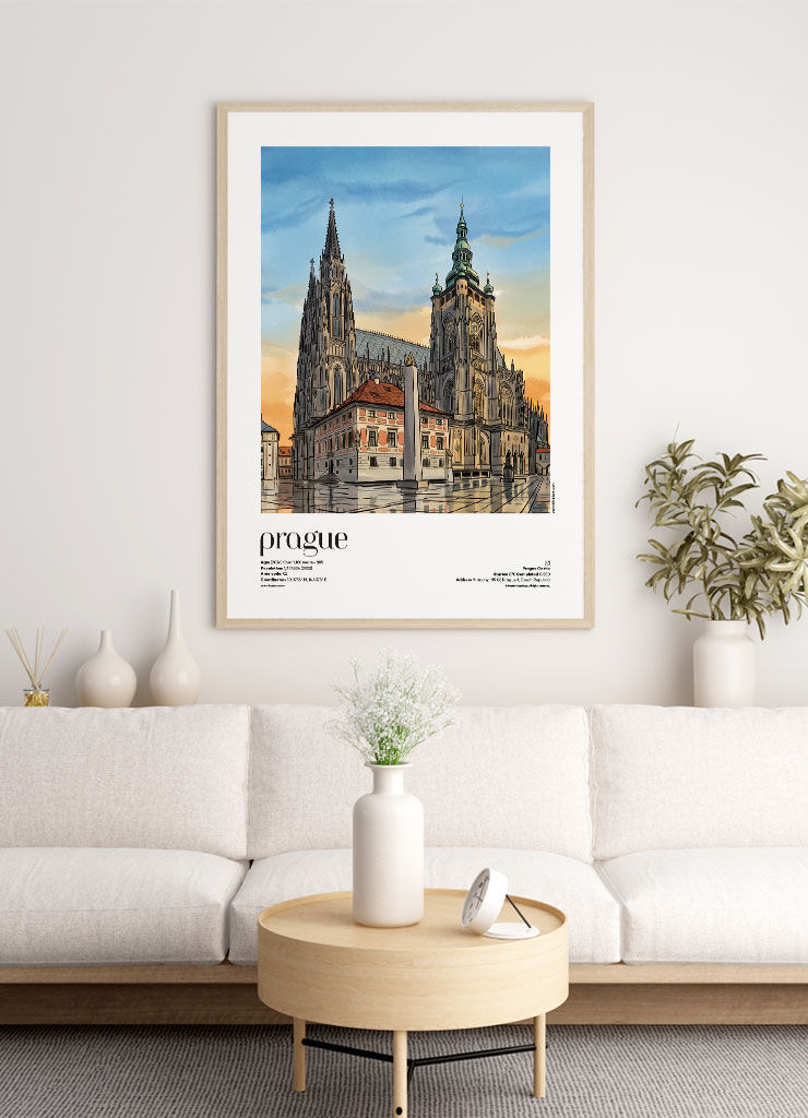 Prague — Prague Castle illustrated mid-century city travel poster displayed in modern living room interior with natural light