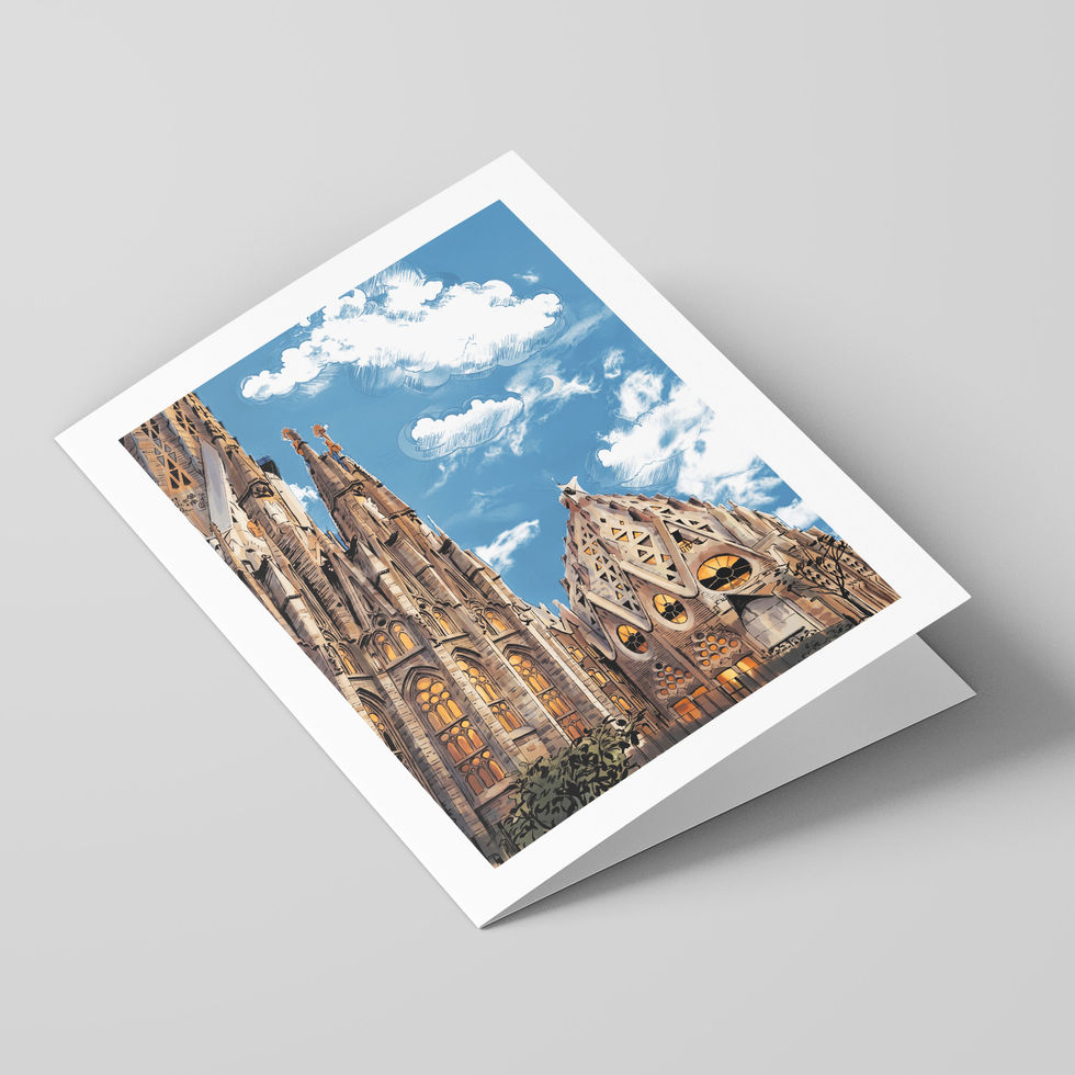 Poster Shop Boys Barcelona - Sagrada Familia illustrated greeting card, front of the card. Shop now