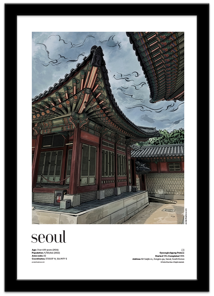 Poster Shop Boys Seoul — Gyeongbokgung Palace illustrated city travel poster displayed in black frame. Shop now