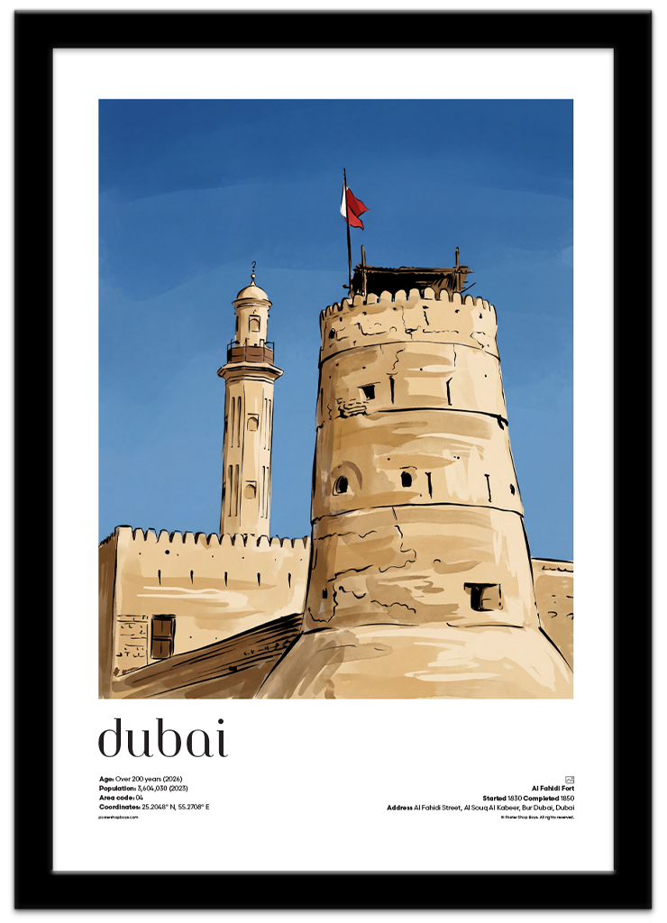 Poster Shop Boys Dubai — Al Fahidi Fort illustrated city travel poster displayed in black frame. Shop now