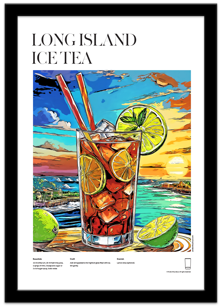 Poster Shop Boys Long Island Ice Tea illustrated cocktail recipe poster displayed in black frame. Shop now