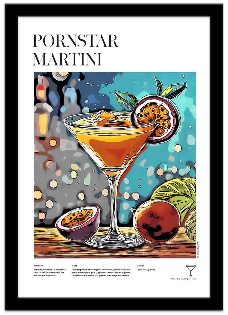 Poster Shop Boys Pornstar Martini illustrated cocktail recipe poster displayed in black frame. Shop now