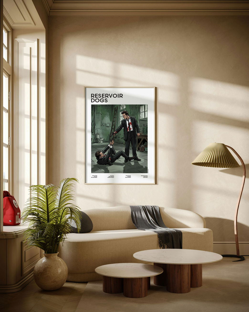 Reservoir Dogs - Mr Pink Mr White illustrated mid-century movie poster displayed in modern living room with natural daylight