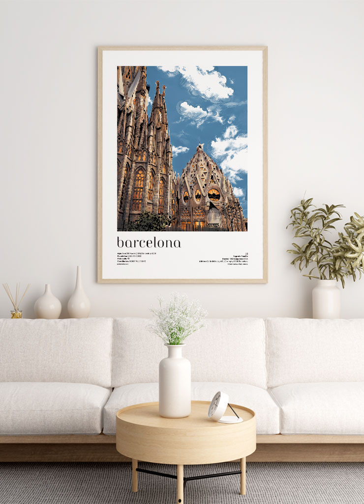 Barcelona — Sagrada Familia illustrated city travel poster displayed in modern living room interior with natural daylight