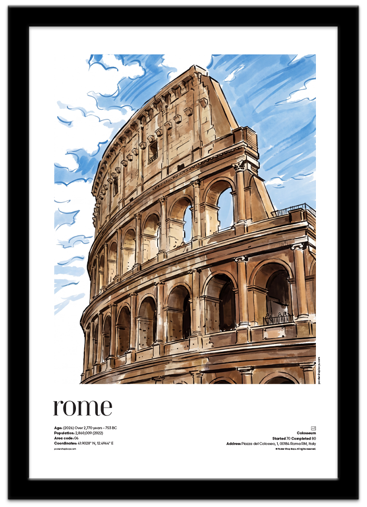 Poster Shop Boys Rome — Colosseum illustrated mid-century city travel poster displayed in black frame. Shop now