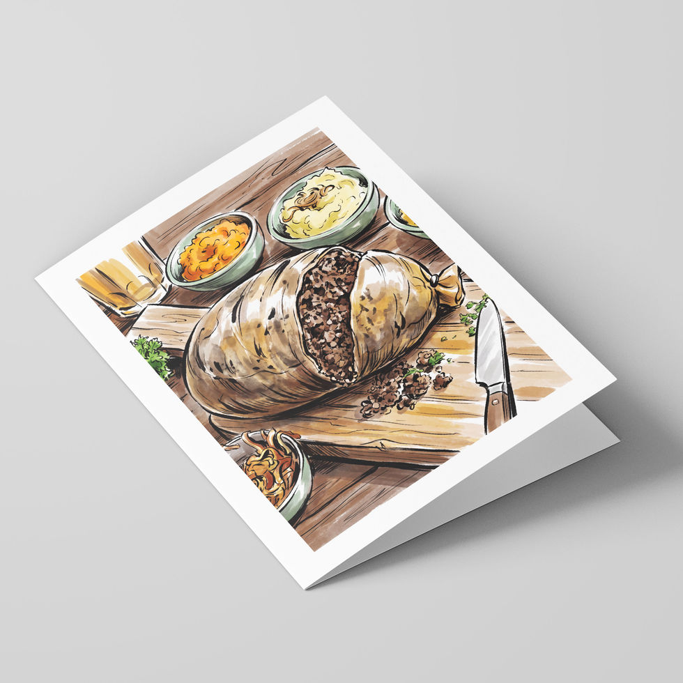 Poster Shop Boys Haggis illustrated greeting card, front of the card. Shop now