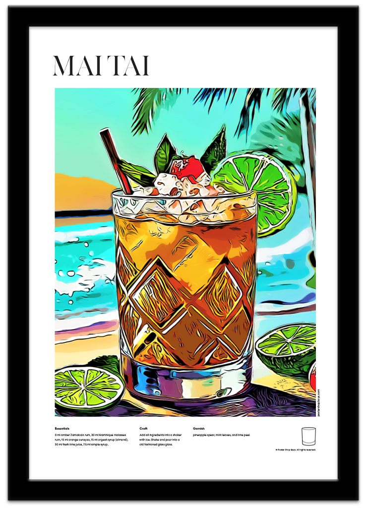 Poster Shop Boys Mai Tai illustrated cocktail recipe poster displayed in black frame. Shop now