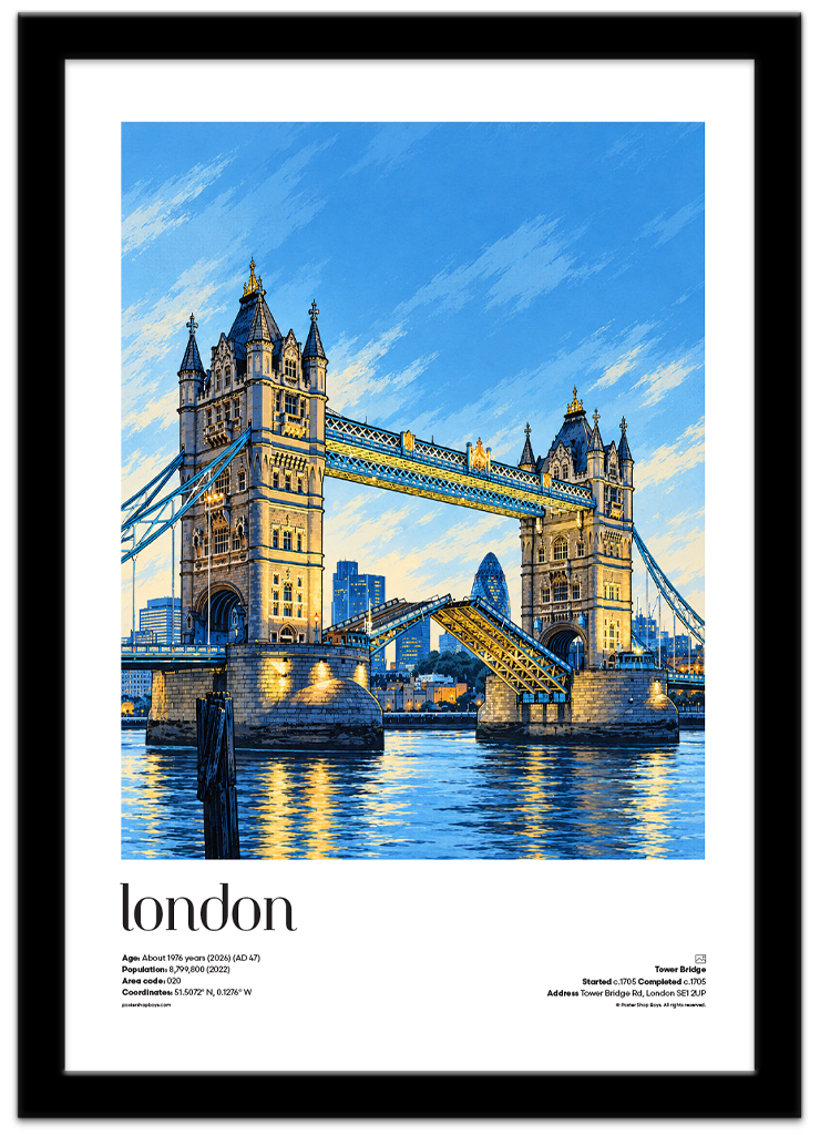 Poster Shop Boys London — Tower Bridge illustrated city travel poster displayed in black frame. Shop now