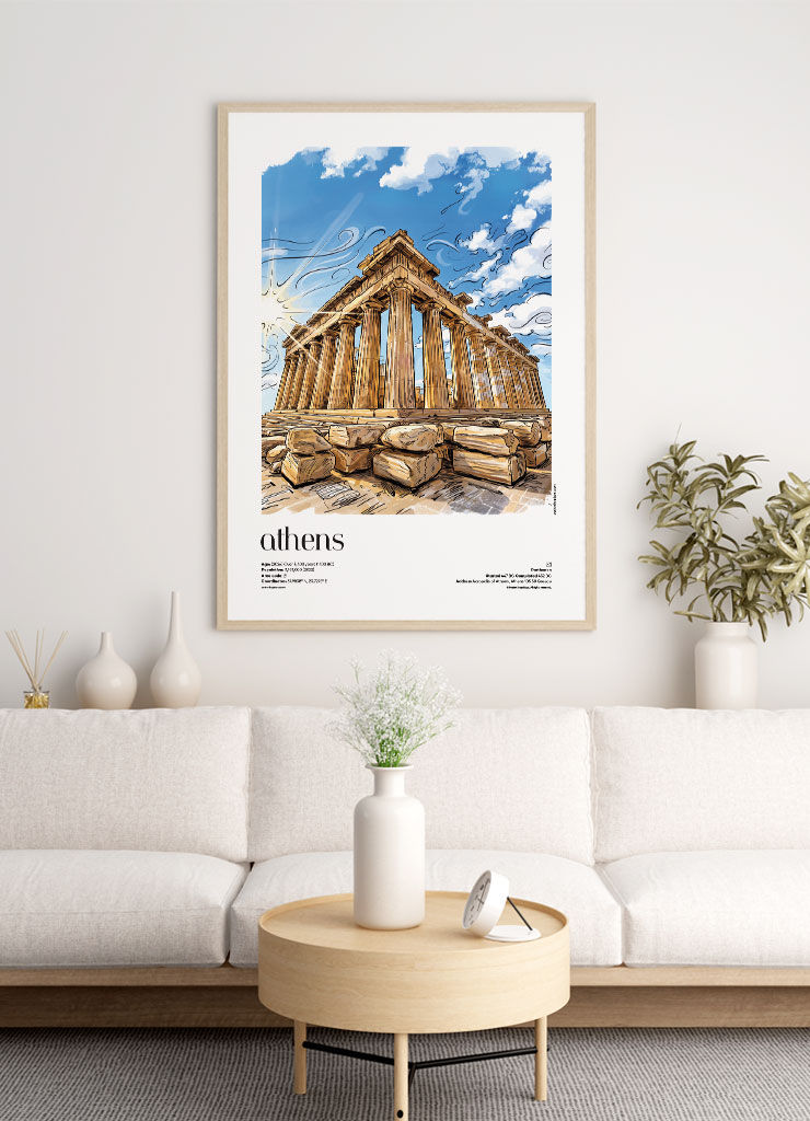 Athens Parthenon — illustrated city travel poster displayed in modern living room interior