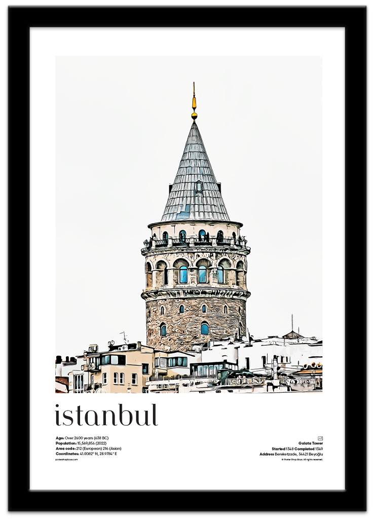 Poster Shop Boys Istanbul — Galata Tower illustrated city travel poster displayed in black frame. Shop now