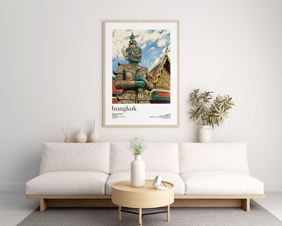 Bangkok — Grand Palace illustrated city travel poster displayed in modern living room interior with natural daylight