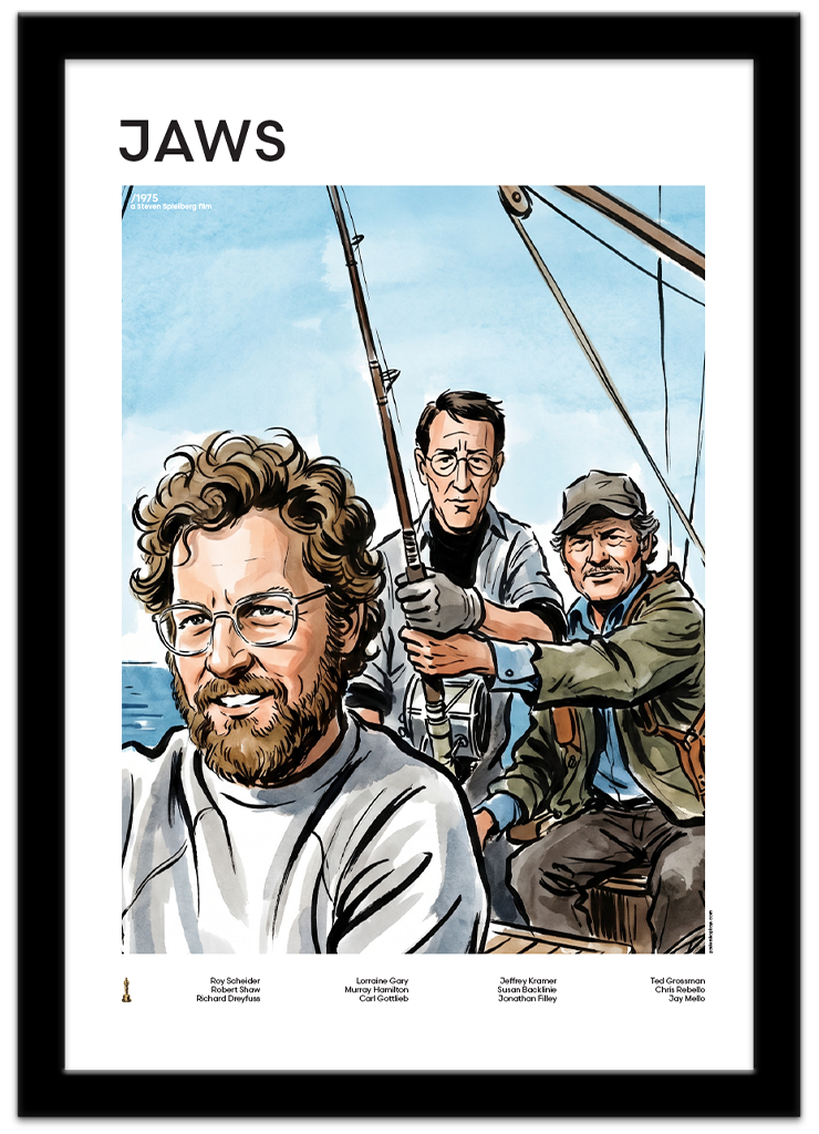 Poster Shop Boys Jaws - Brody - Quint - Hooper illustrated mid-century movie poster displayed in black frame. Shop now