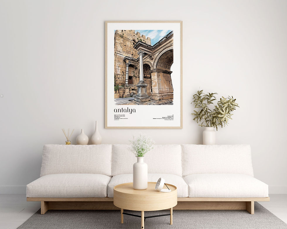 Antalya — Hadrians Gate illustrated city travel poster displayed in modern living room interior with natural daylight