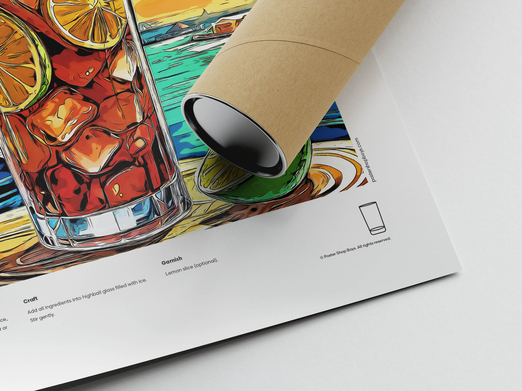 Close-up of illustrated Long Island Ice Tea cocktail recipe poster print showing fine art paper and high-quality details