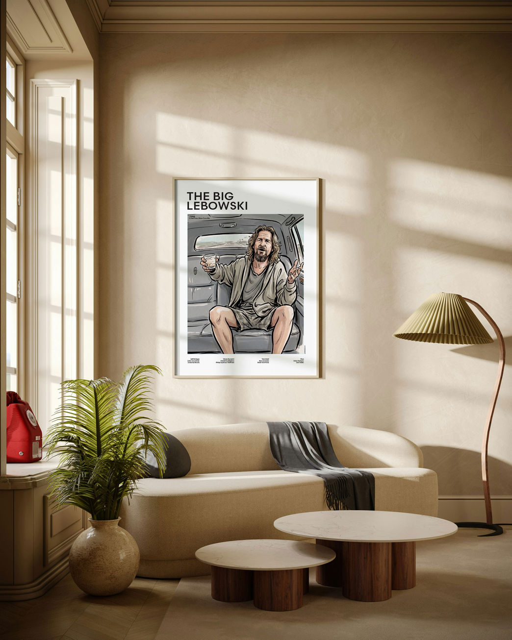 The Big Lebowski — The Dude illustrated mid-century movie poster displayed in modern living room with natural daylight