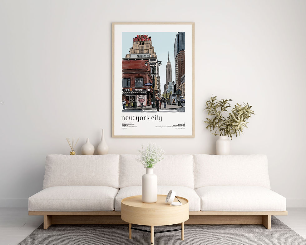 New York City — The New Yorker Hotel illustrated city travel poster displayed in modern living room with natural daylight
