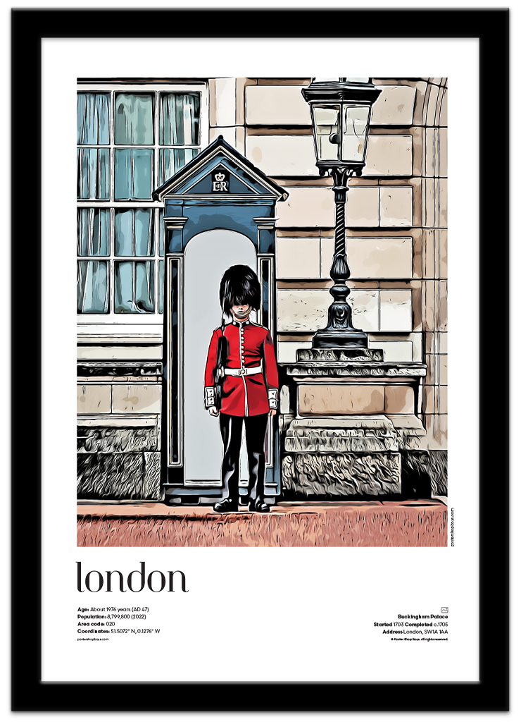 Poster Shop Boys London — Buckingham Palace illustrated city travel poster displayed in black frame. Shop now
