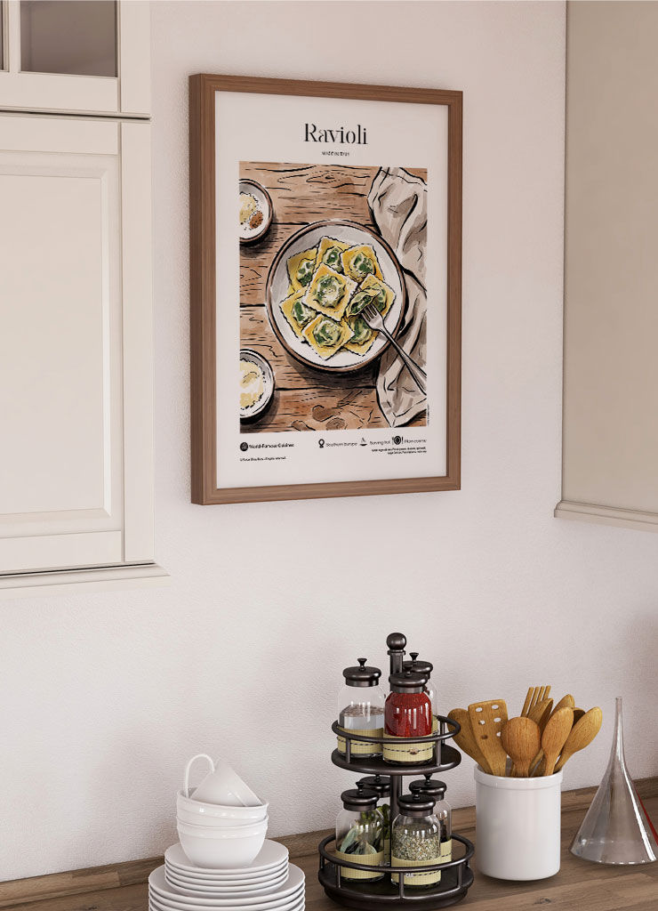 Ravioli — illustrated world cuisine poster displayed in modern kitchen interior
