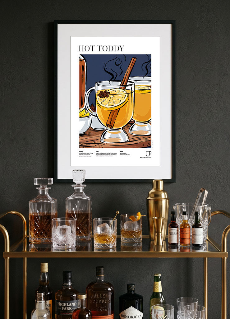 Hot Toddy — illustrated cocktail recipe poster displayed in modern home bar interior