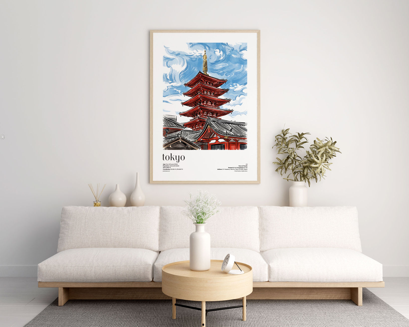 Close-up of illustrated Tokyo — Sensoji Temple travel poster print showing fine art paper texture and high-quality details