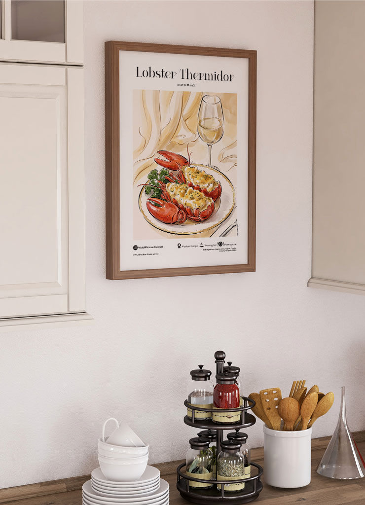 Lobster Thermidor — illustrated world cuisine poster displayed in modern kitchen interior