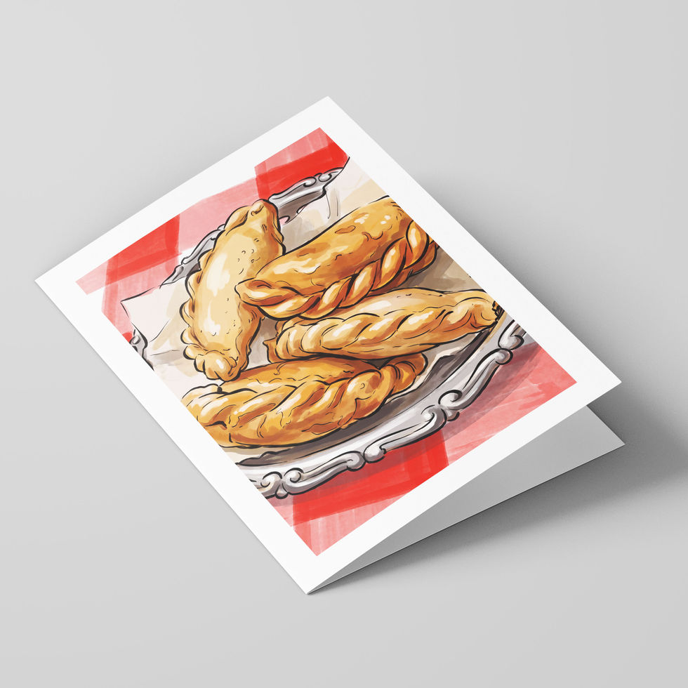 Poster Shop Boys Cornish Pasty illustrated greeting card, front of the card. Shop now