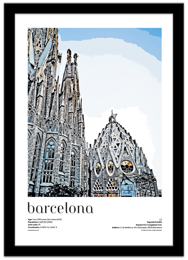 Poster Shop Boys Barcelona — Sagrada Familia illustrated city travel poster displayed in black frame. Shop now