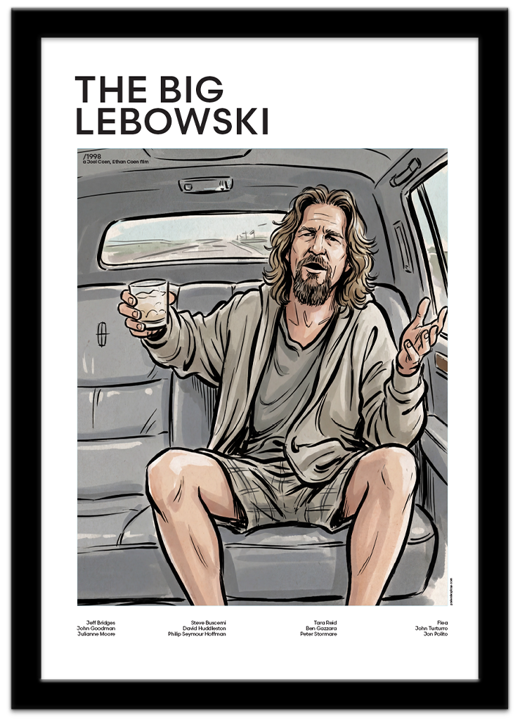 Poster Shop Boys The Big Lebowski — The Dude illustrated mid-century movie poster displayed in black frame. Shop now