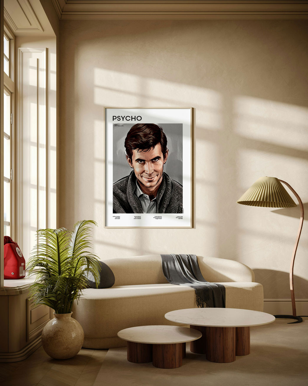 Psycho — Norman Bates illustrated mid-century movie poster displayed in modern living room interior with natural daylight