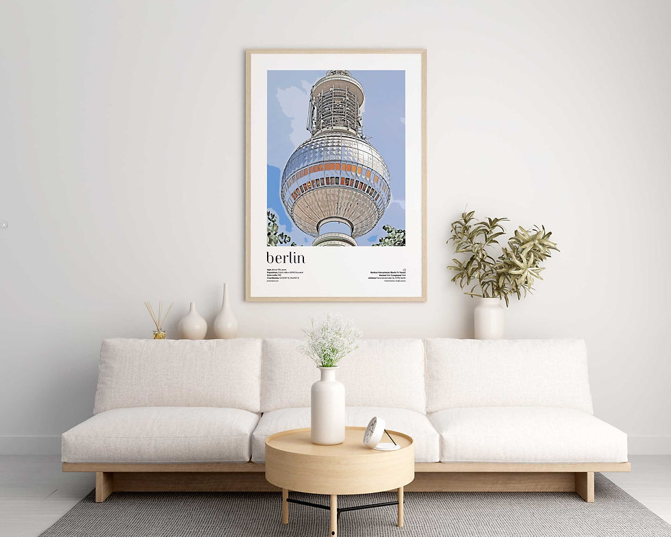 Berlin — Berliner Fernsehturm illustrated city travel poster displayed in modern living room interior with natural daylight