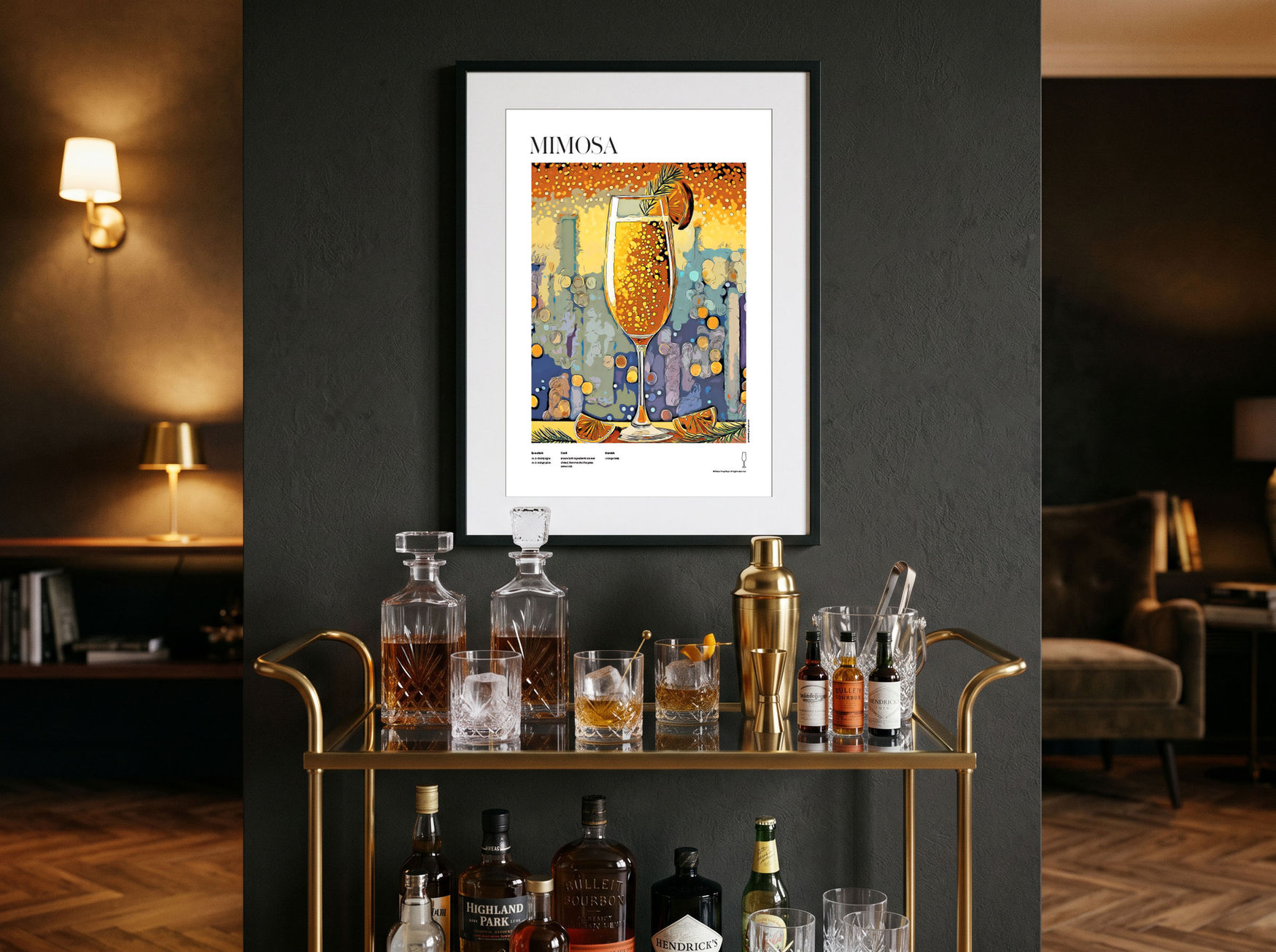 Mimosa illustrated cocktail poster displayed in modern kitchen or home bar interior with night light