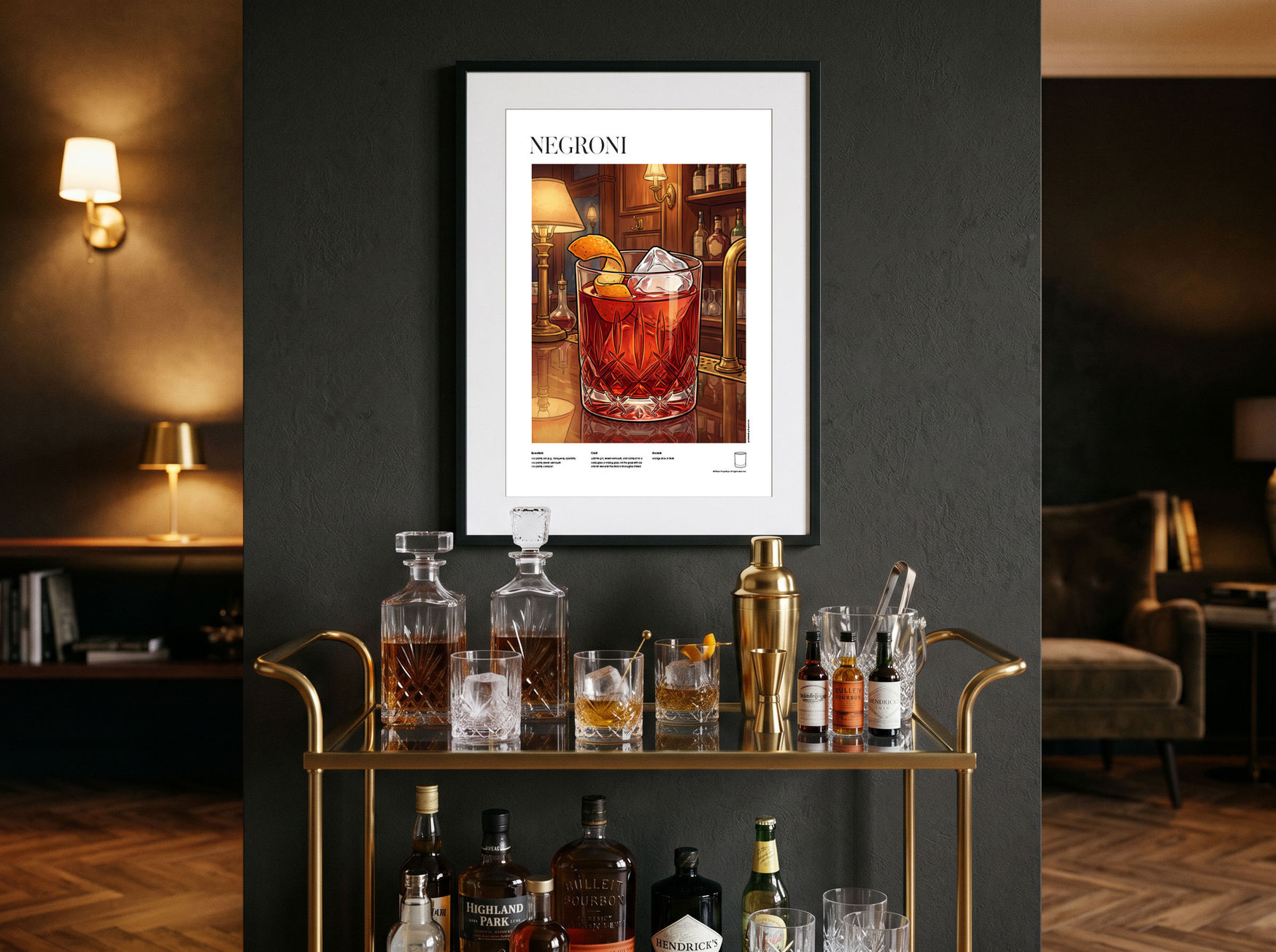 Negroni illustrated cocktail poster displayed in modern kitchen or home bar interior with night light