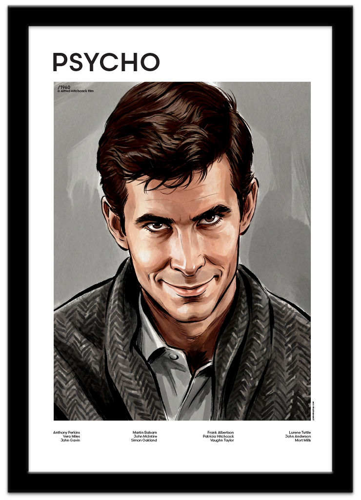 Poster Shop Boys Psycho — Norman Bates illustrated mid-century movie poster displayed in black frame. Shop now