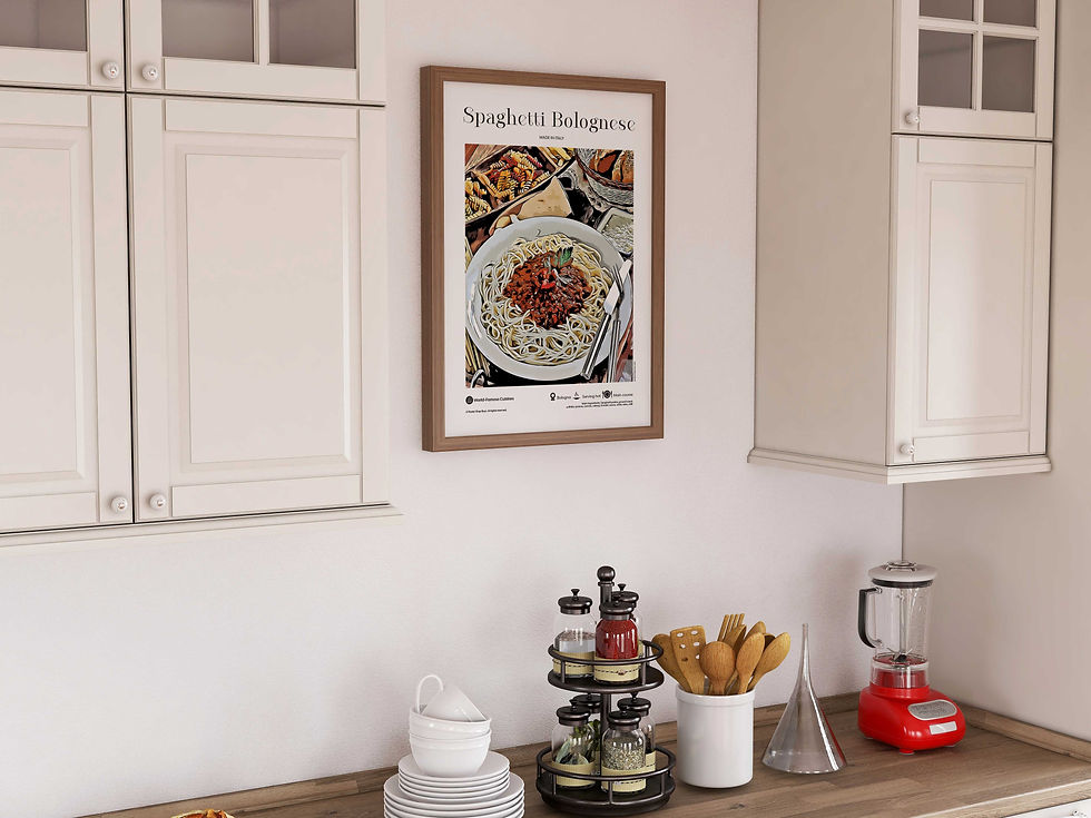 Spaghetti Bolognese — Italy illustrated world cuisine poster displayed in modern kitchen or dining with natural daylight