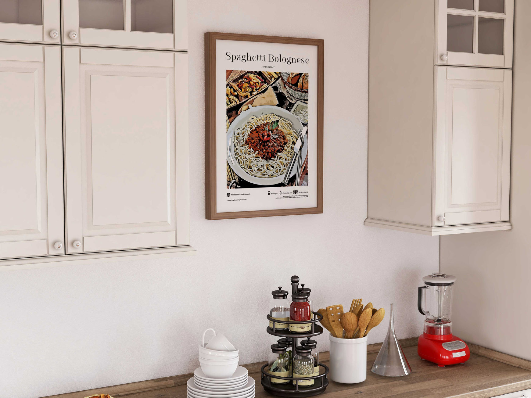 Spaghetti Bolognese — Italy illustrated world cuisine poster displayed in modern kitchen or dining with natural daylight