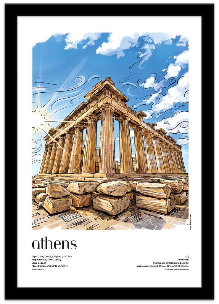 Poster Shop Boys Athens Parthenon — illustrated mid-century city travel poster displayed in black frame. Shop now