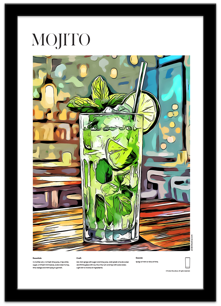 Poster Shop Boys Mojito illustrated cocktail recipe poster displayed in black frame. Shop now