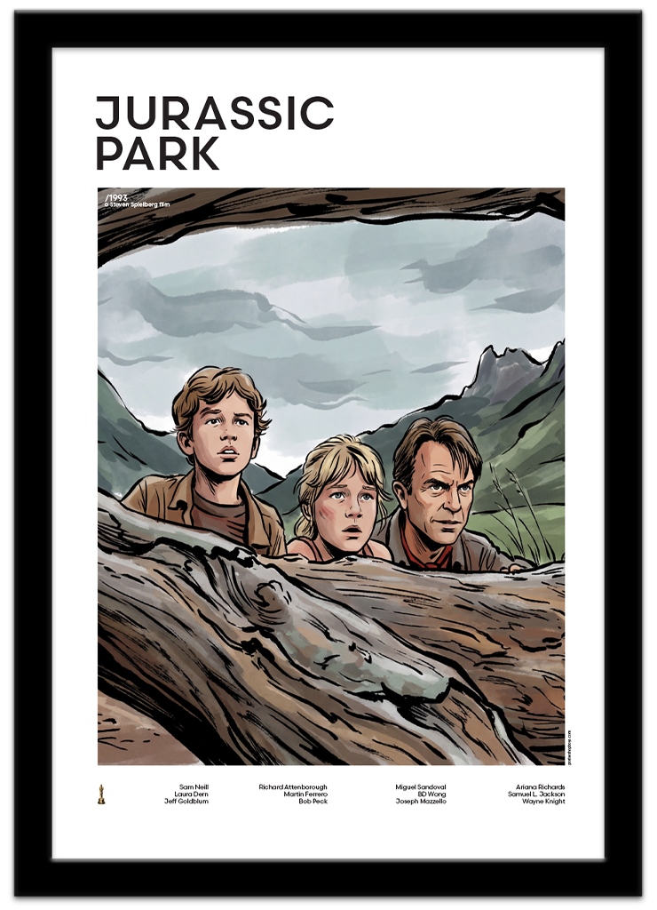 Poster Shop Boys Jurassic Park - Lex - Tim - Grant illustrated mid-century movie poster displayed in black frame. Shop now