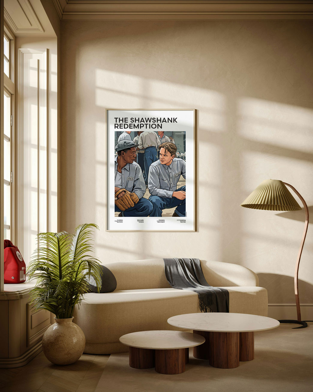 The Shawshank Redemption - Andy - Ellis illustrated retro movie poster displayed in modern living room with natural daylight