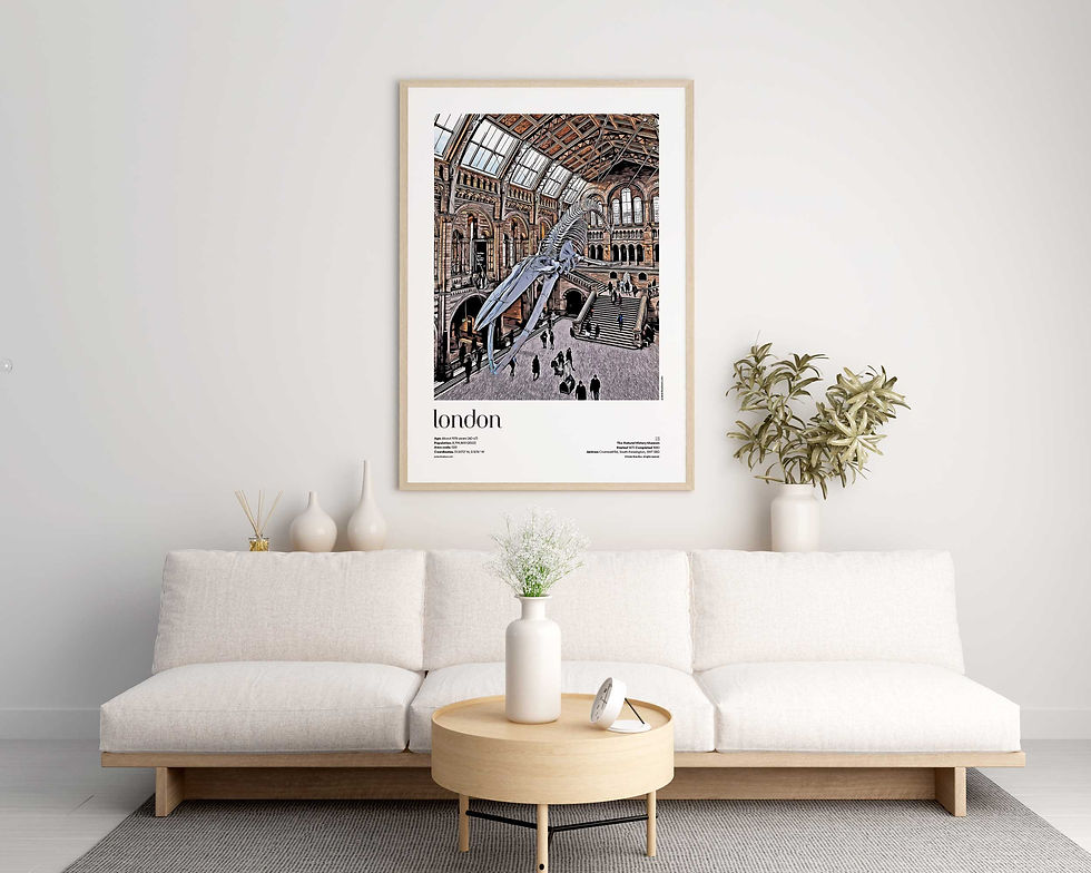 London — Natural History Museum illustrated city travel poster displayed in modern living room interior with natural daylight