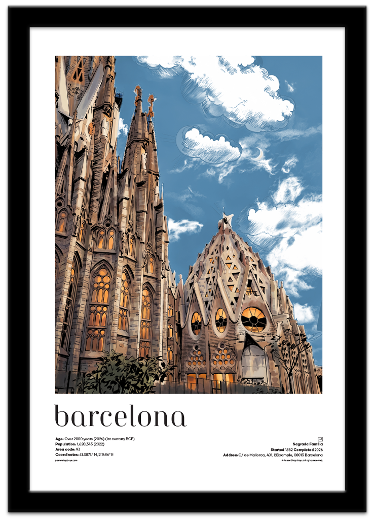 Poster Shop Boys Barcelona — Sagrada Familia illustrated city travel poster displayed in black frame. Shop now