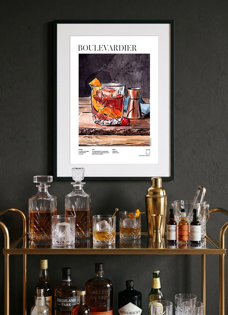 Boulevardier — illustrated cocktail recipe poster displayed in modern home bar interior