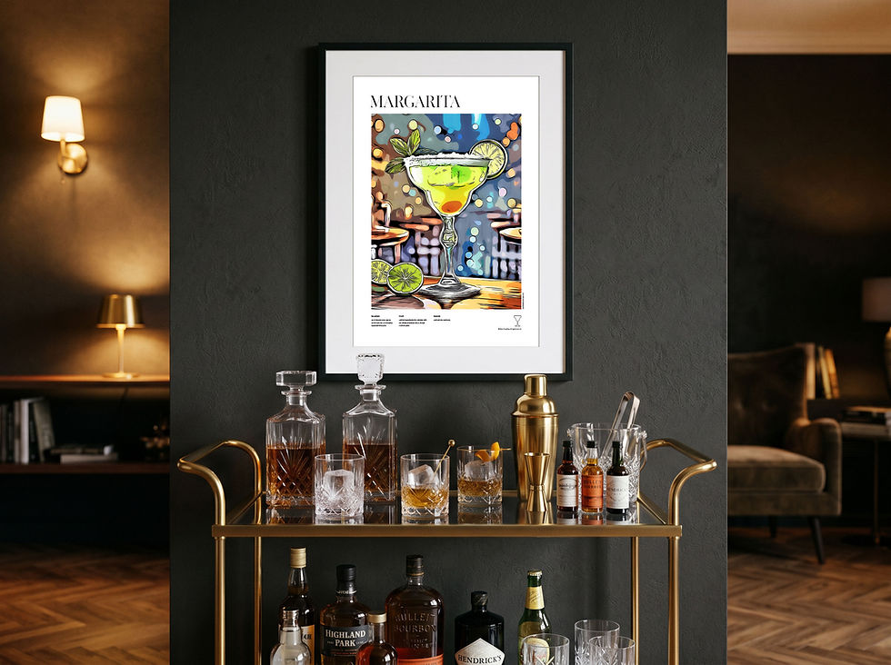Margarita illustrated cocktail poster displayed in modern kitchen or home bar interior with night light