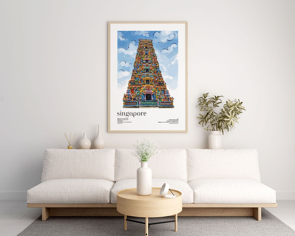 Singapore — Sri Mariamman Templete illustrated city travel poster displayed in modern living room with natural daylight