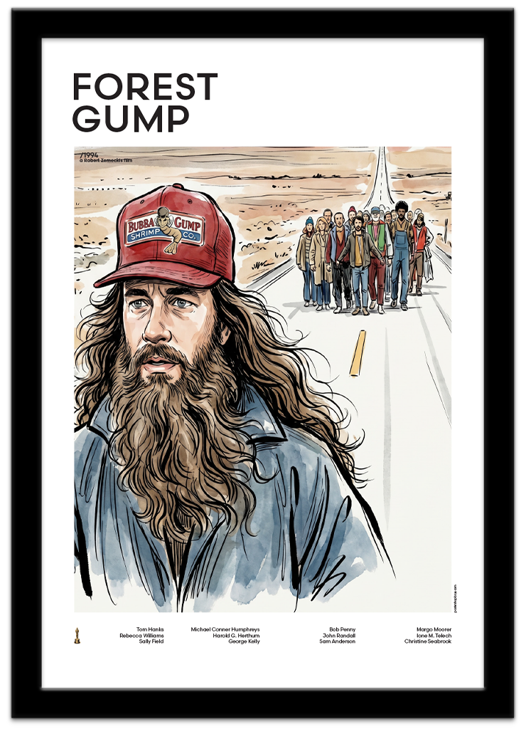 Poster Shop Boys Forest Gump - Run Forest Run illustrated mid-century movie poster displayed in black frame. Shop now
