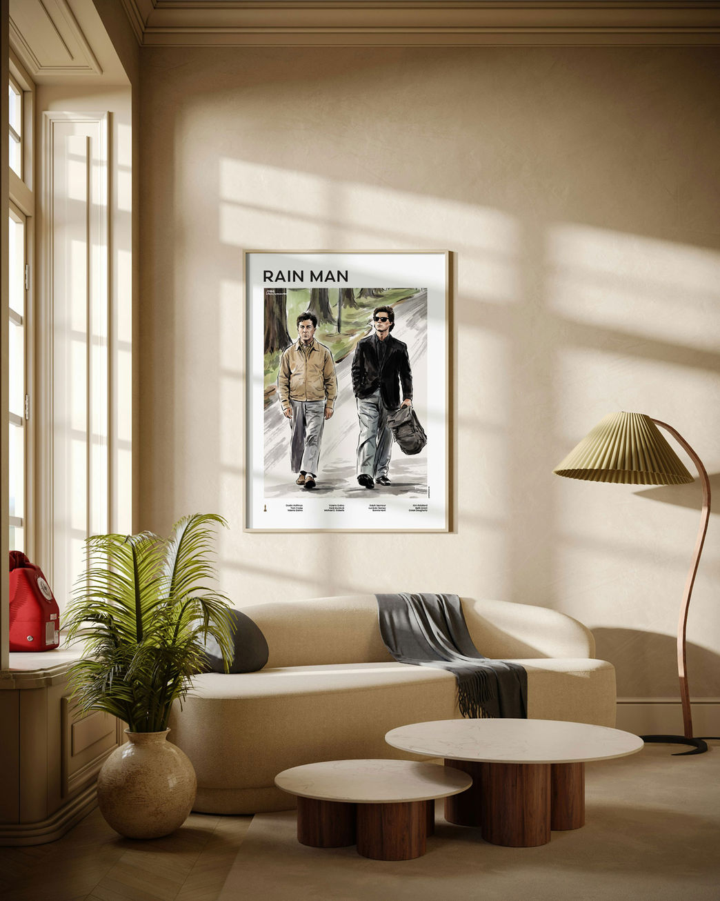 Rain Man - Raymond - Charlie illustrated mid-century movie poster displayed in modern living room with natural daylight
